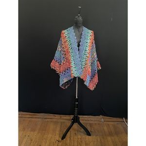 Autumn Cape/wrap With Sleeves And Pockets Red & Blue